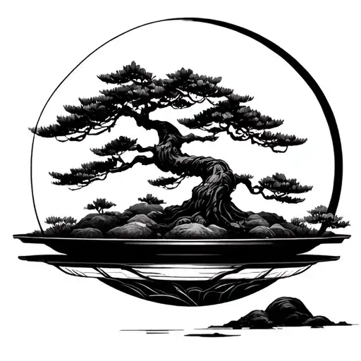 bonsai tree silhouette in a circle, black, minimalistic, tattoo tattoo design idea