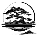 bonsai tree silhouette in a circle, black, minimalistic, tattoo tattoo design idea