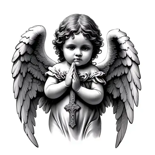 praying baby angel wings holding cross tattoo design idea
