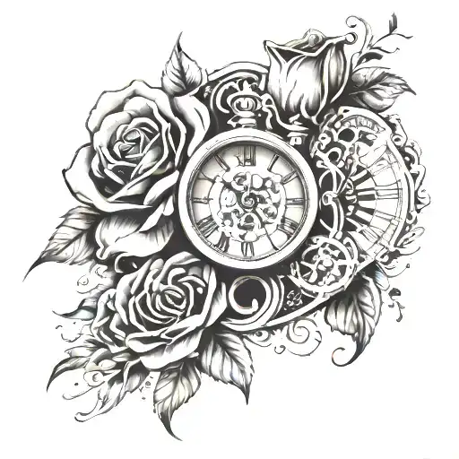 skeleton fingers with half rose half clock tattoo design idea