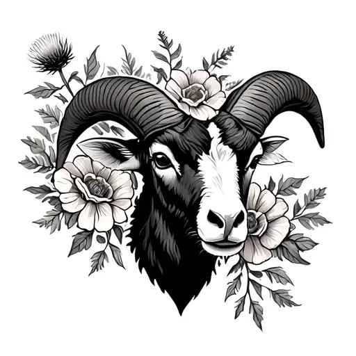 neo trad ram head surrounded with honey suckle and thistle flowers. Use jewel tone colors for the flowers.  tattoo design idea