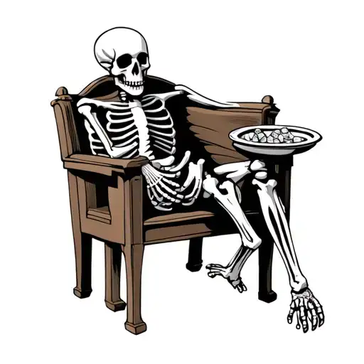 drunk skeleton sitting church pew putting a button in the offering plater tattoo design idea