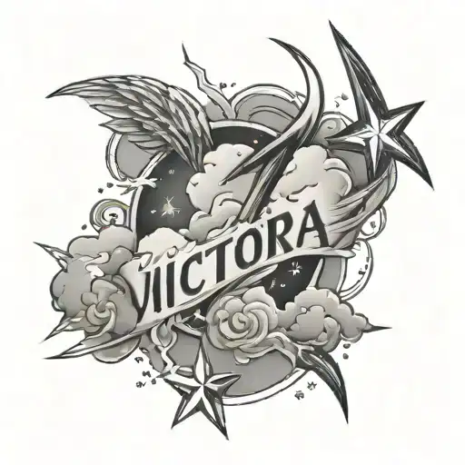 The name victoria with stars clouds and lightning tattoo design idea