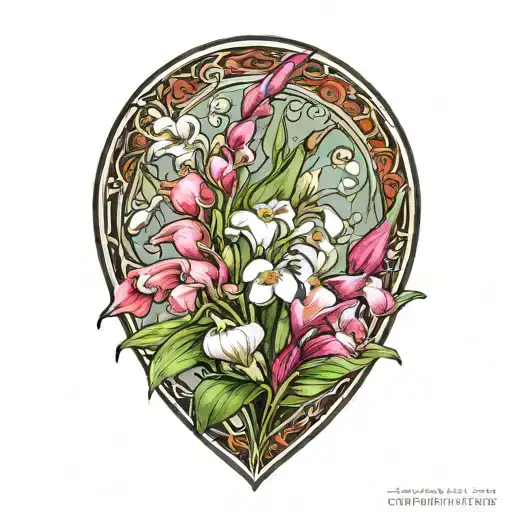 A unique design combining elements of lily of the valley and gladiolus flowers to create a symbolic representation of the client's role as a Gigi, surrounded by smaller flowers representing her grandchildren tattoo design idea
