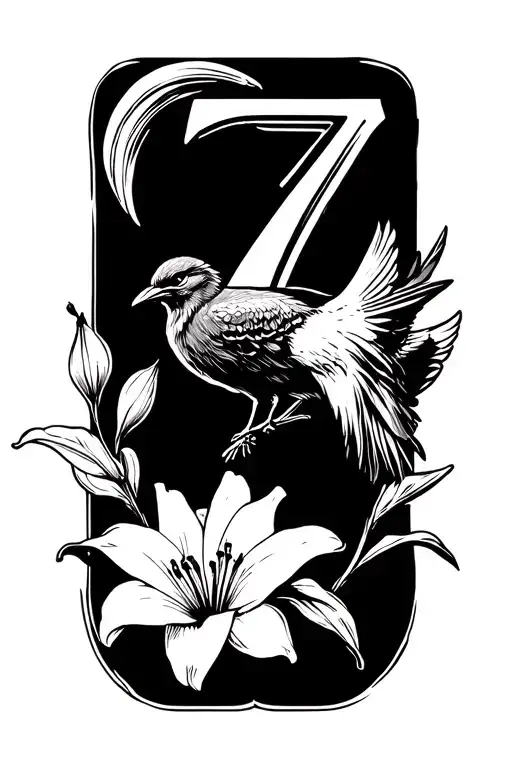 I want a tattoo with a lily an object of the police the number 7 in Roman a bird and a Greek arena tattoo design idea