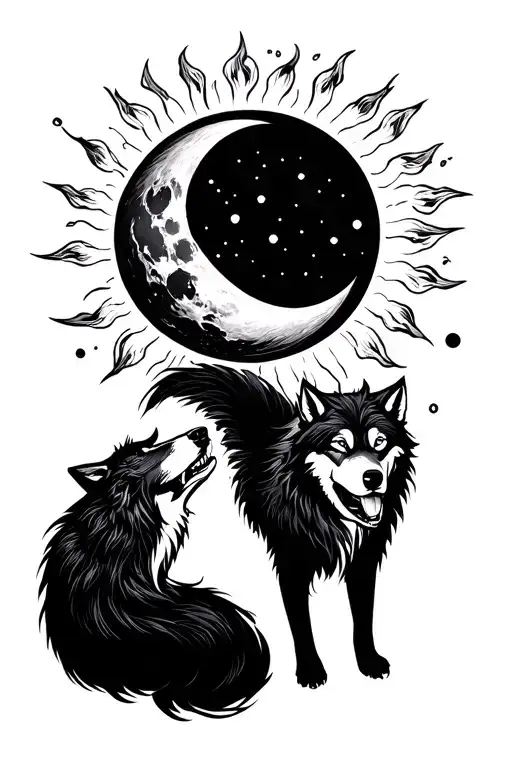 One wolf is trying to eat the sun, the other wolf is trying to eat the moon. In the Japanese style. tattoo design idea