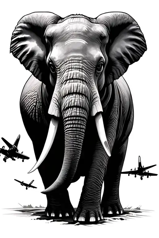 plane flying over a large elephant tattoo design idea