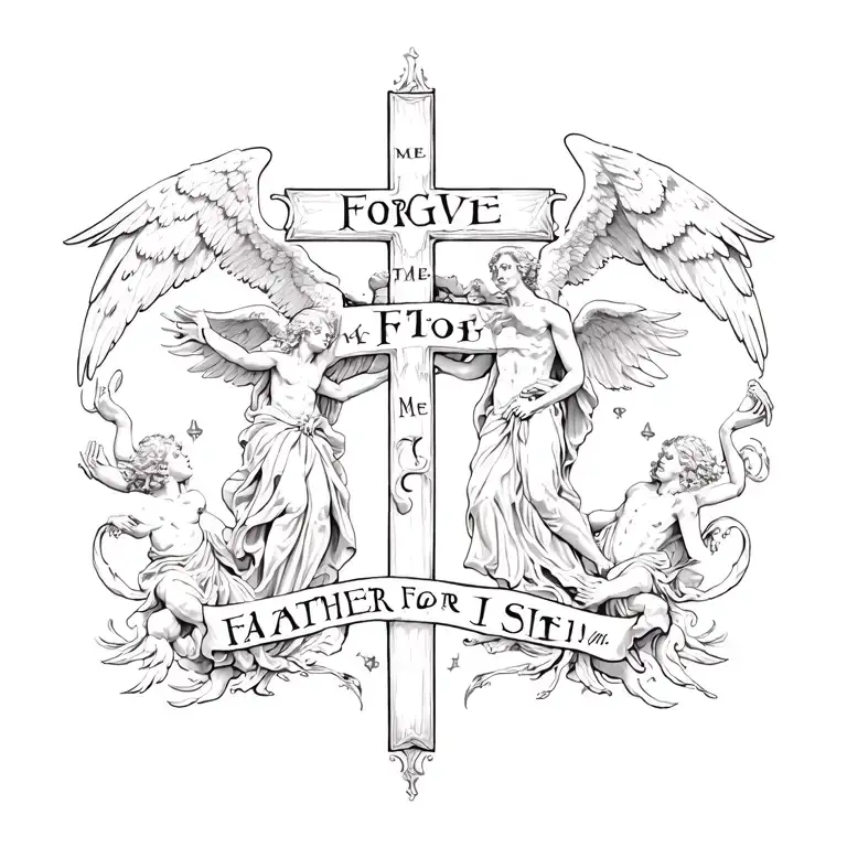 A cross in the middle with angels on one side and demons on the other with the phrase "Forgive Me Father For I Sin"  tattoo design idea