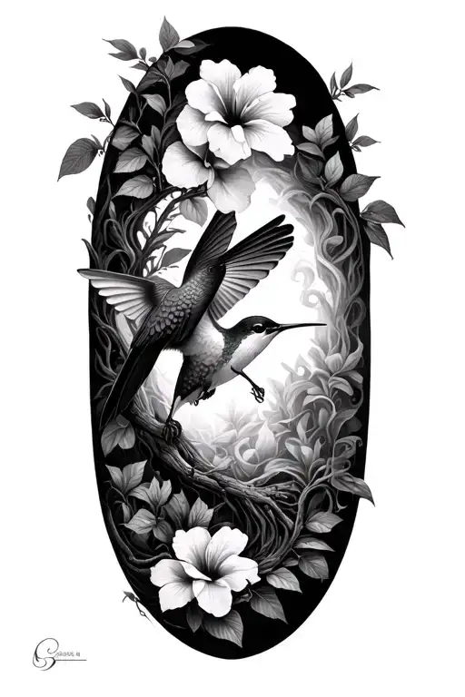 humming bird hibiscus tree of life smoke fine line tattoo design idea