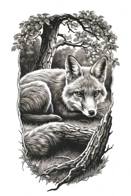 fox sitting under a tree tattoo design idea