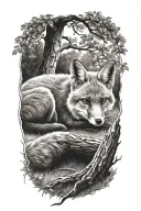 fox sitting under a tree tattoo design idea