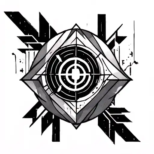 arm sleeve tattoo featuring geometric designs and the dharma initiative logo from lost and twenty one pilots tattoo design idea