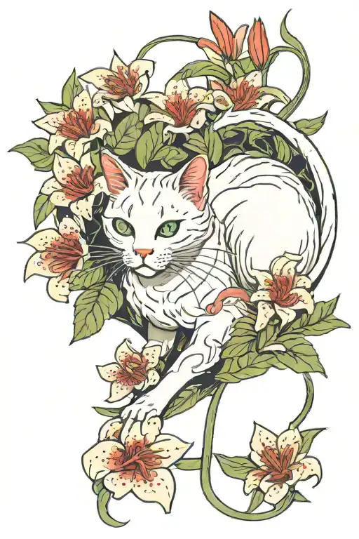 White Cat lying on a singular Spider Lily flowers intertwined tattoo design idea