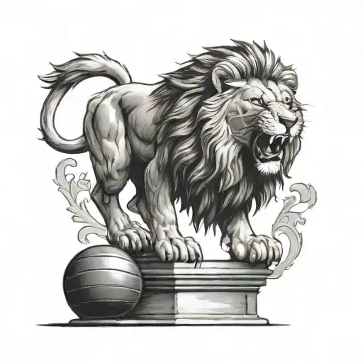A lion roaring triumphantly on a podium with a cricket ball in its paw tattoo design idea