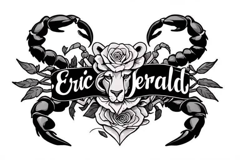 Name Eric with a scorpion and name Jerald with a lion in script font with hearts and roses tattoo design idea