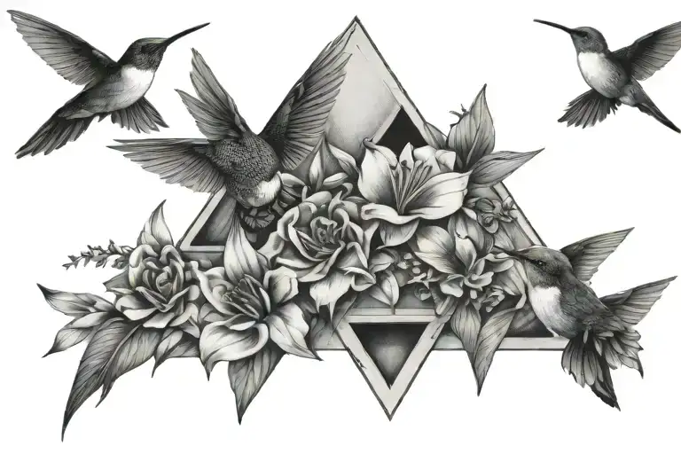 3 triangles all interlinked, flowers on the edges, one hummingbird in the top left corner another in bottom right tattoo design idea