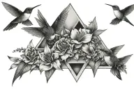 3 triangles all interlinked, flowers on the edges, one hummingbird in the top left corner another in bottom right tattoo design idea