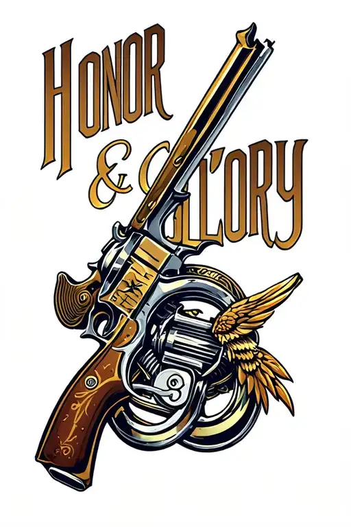 car, gun, v8 engine, honor and glory text tattoo design idea