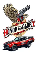 car, gun, v8 engine, honor and glory text tattoo design idea