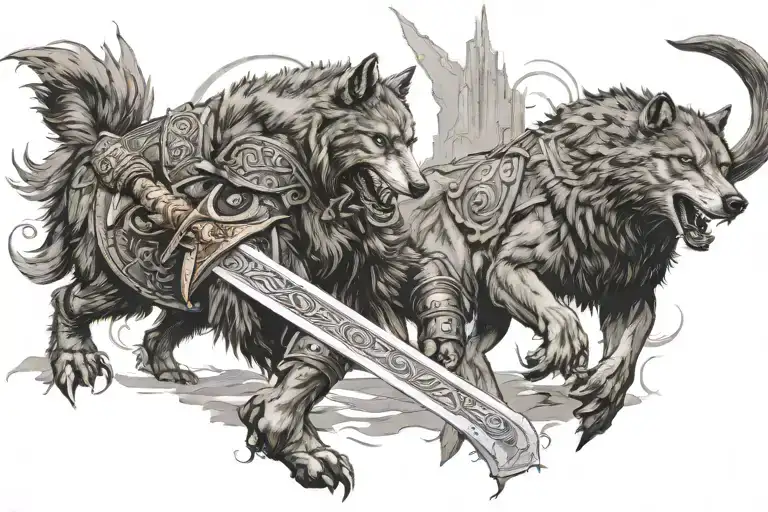 a viking sword fights a giant wolf tattoo design idea