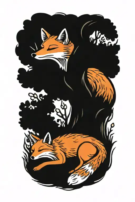 fox under a tree tattoo design idea