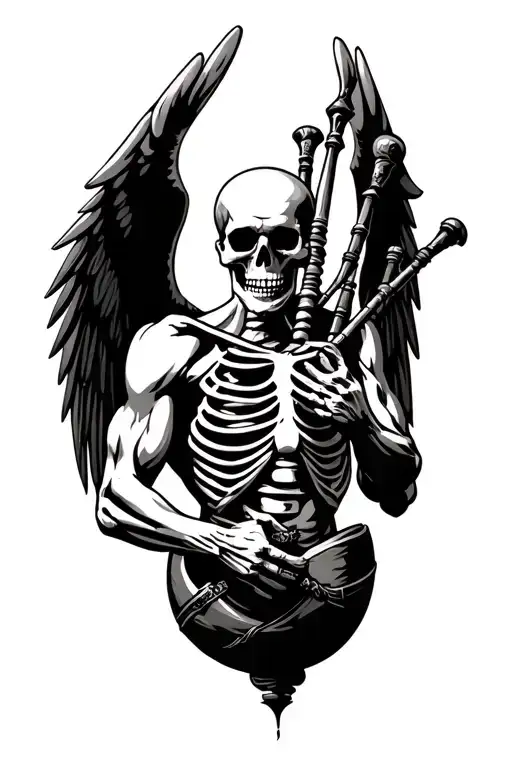winged muscular skeleton playing bagpipes tattoo design idea