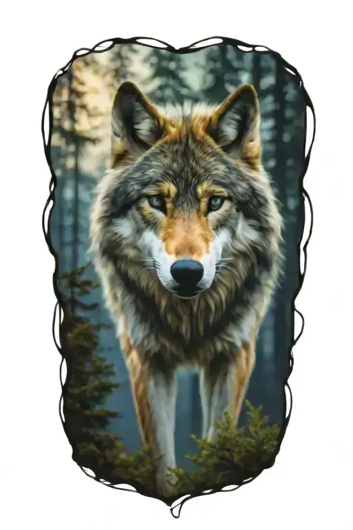 wolf blue eyes forest landscape tattoo design idea