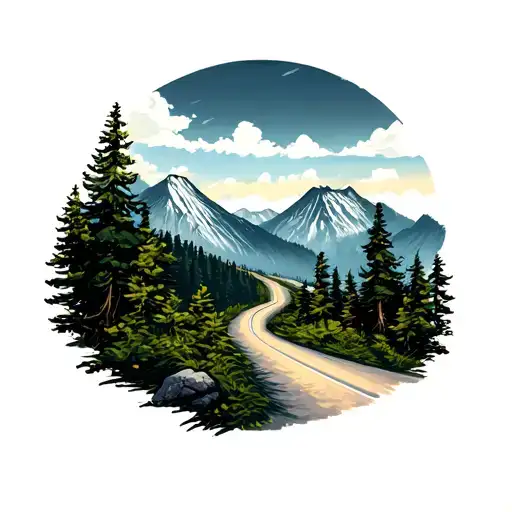 winding road leading into mountains with pine trees surrounding tattoo design idea