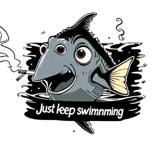 Dory, looking beat down from life, tatooed and smoking a cigarette, with "Just keep swimming" written underneath her tattoo design idea