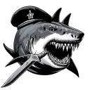 shark with a kabar knife in its mouth and beret on its head tattoo design idea