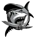shark with a kabar knife in its mouth and beret on its head tattoo design idea