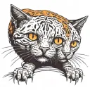 skinny female tabby cat, short hair, white hair on belly and chest, orange spot on head,, white paws. tattoo design idea