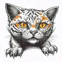 skinny female tabby cat, short hair, white hair on belly and chest, orange spot on head,, white paws. tattoo design idea