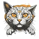 skinny female tabby cat, short hair, white hair on belly and chest, orange spot on head,, white paws. tattoo design idea