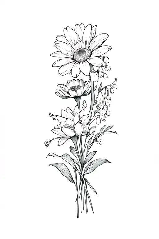 a bouquet with one Daisy, one Lily of the valley, one water lily, one poppy and two chrysanthemums on a upper arm tattoo design idea