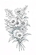 a bouquet with one Daisy, one Lily of the valley, one water lily, one poppy and two chrysanthemums on a upper arm tattoo design idea