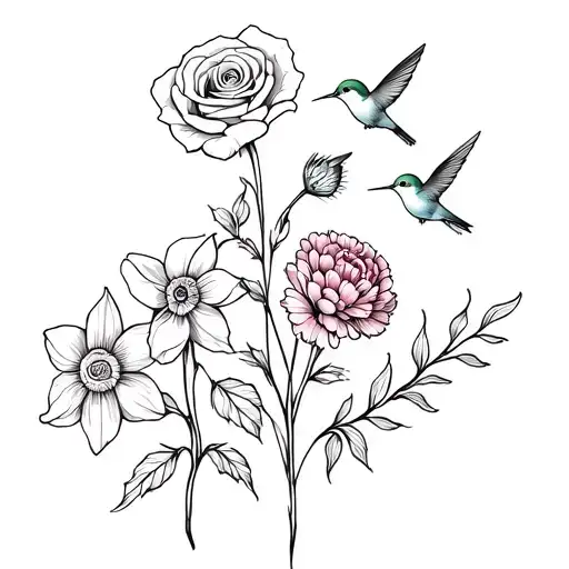 1 of each flower,  rose, carnation, daffodil, Chrysanthemum wrapped together with 1 hummingbird tattoo design idea