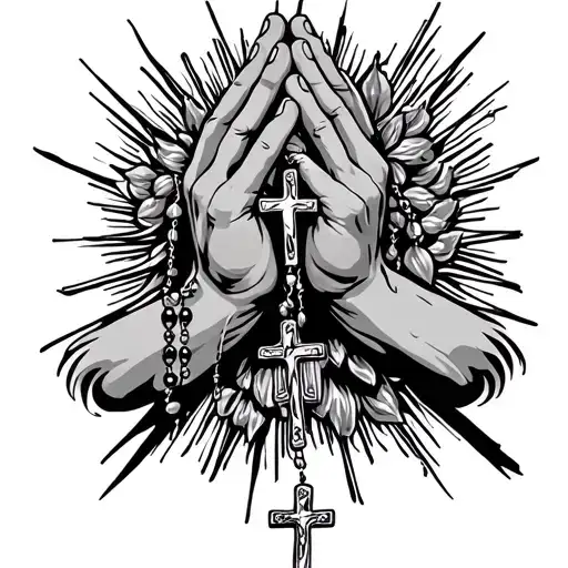 gods hands praying holding rosary with 3 crosses under hands tattoo design idea