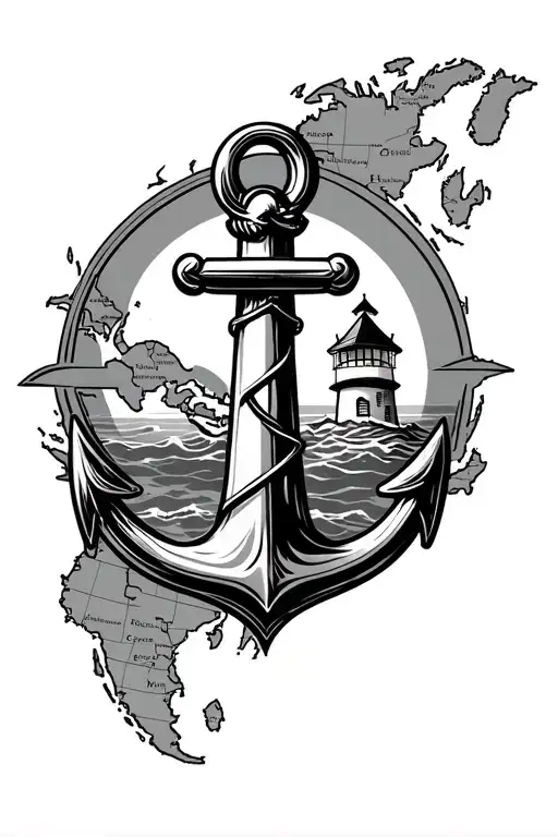 map back ground, anchor intertwined with light house tattoo design idea