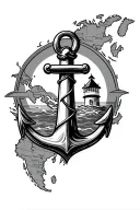 map back ground, anchor intertwined with light house tattoo design idea
