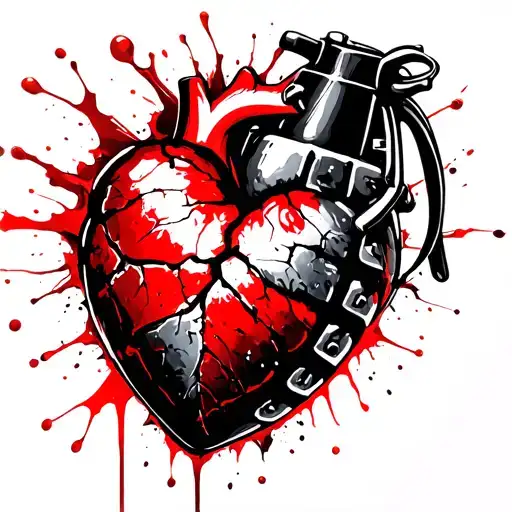 I'm looking for a stylized illustration of a grenade heart that's cracked open, revealing a unique and creative twist. I tattoo design idea