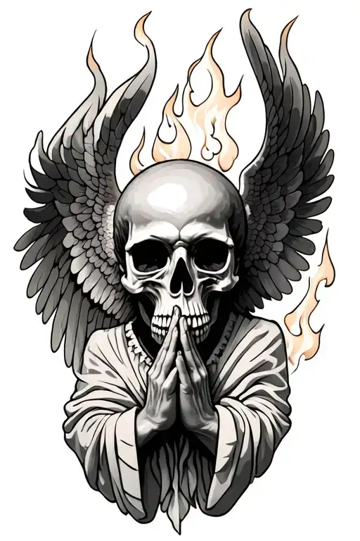 skull praying angel with flames tattoo design idea