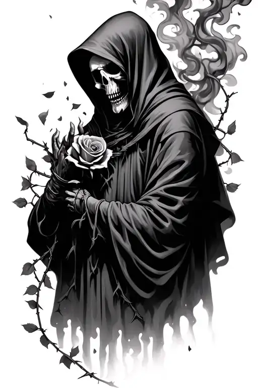 hooded reaper with smoke swirls, and falling rose pedals. wrapped in barbed wire tattoo design idea