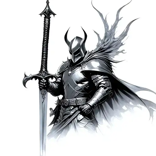 dark fantasy knight holding a sword tattoo design idea
