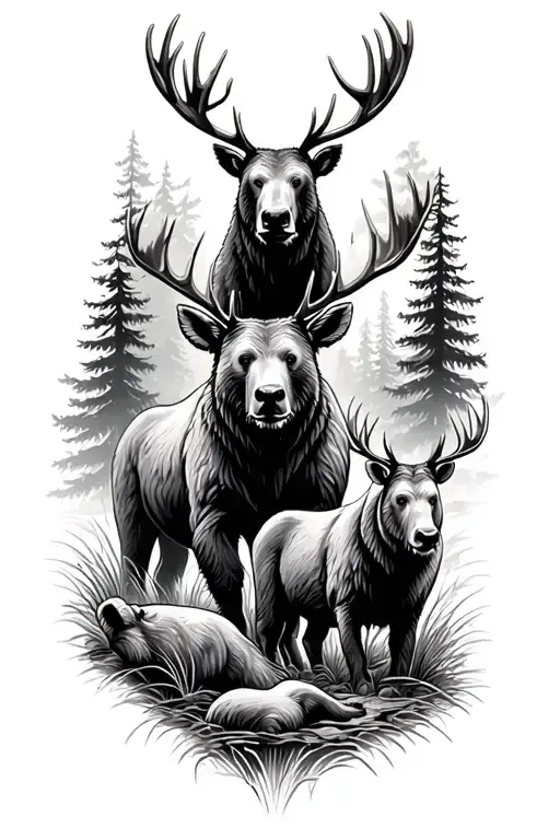 bears moose and deers with in forest with trees in the background with a rice going through the forest tattoo design idea