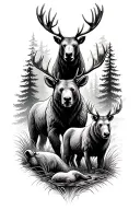 bears moose and deers with in forest with trees in the background with a rice going through the forest tattoo design idea