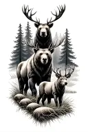 bears moose and deers with in forest with trees in the background with a rice going through the forest tattoo design idea