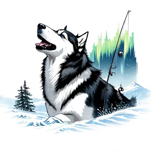 Siberian husky howling with northern lights and fishing element tattoo design idea