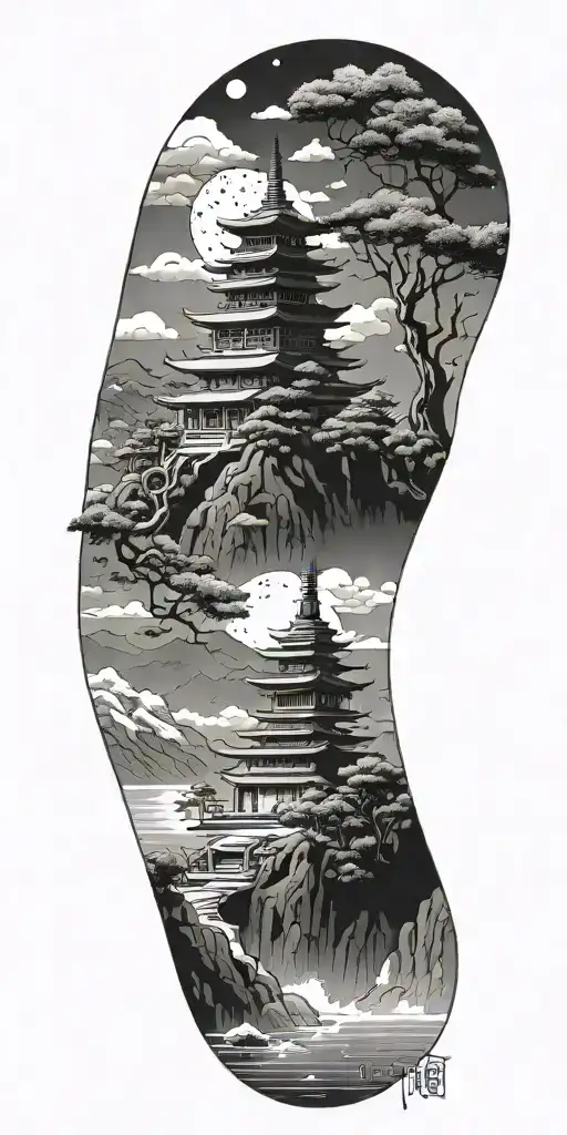 create a buddhist inspired tattoo that focuses on scenary and nature and includes subtle budhist elements tattoo design idea