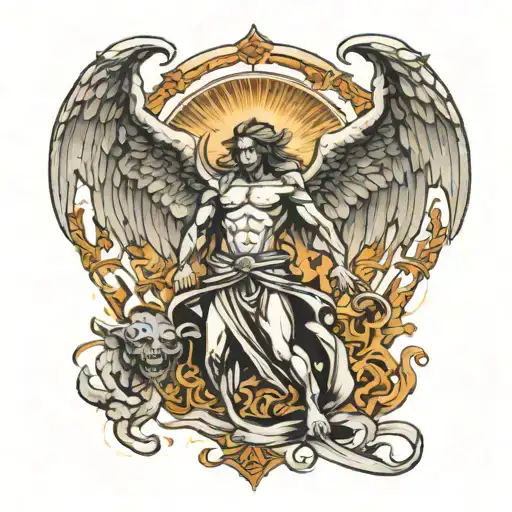 Arch Angel in the middle of two demons with eternal light radiating around him  tattoo design idea